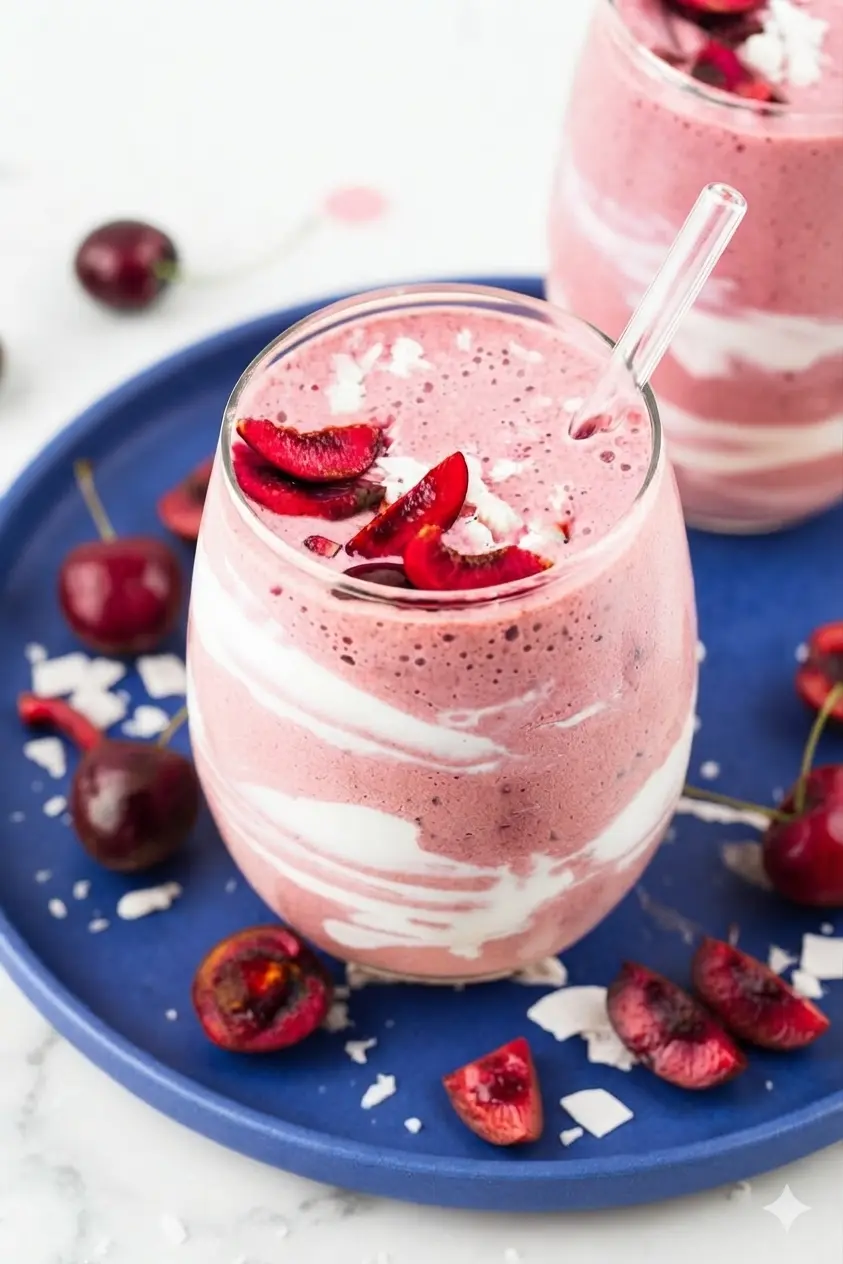 A 3:4 close-up of ingredients for a Cherry Cottage Cheese Smoothie arranged on a rustic wooden cutting board over a marble surface. A bowl of dark frozen cherries, a glass of almond milk, and a small ceramic bowl of creamy cottage cheese are visible. Natural morning light creates soft shadows. Minimalist white background.
