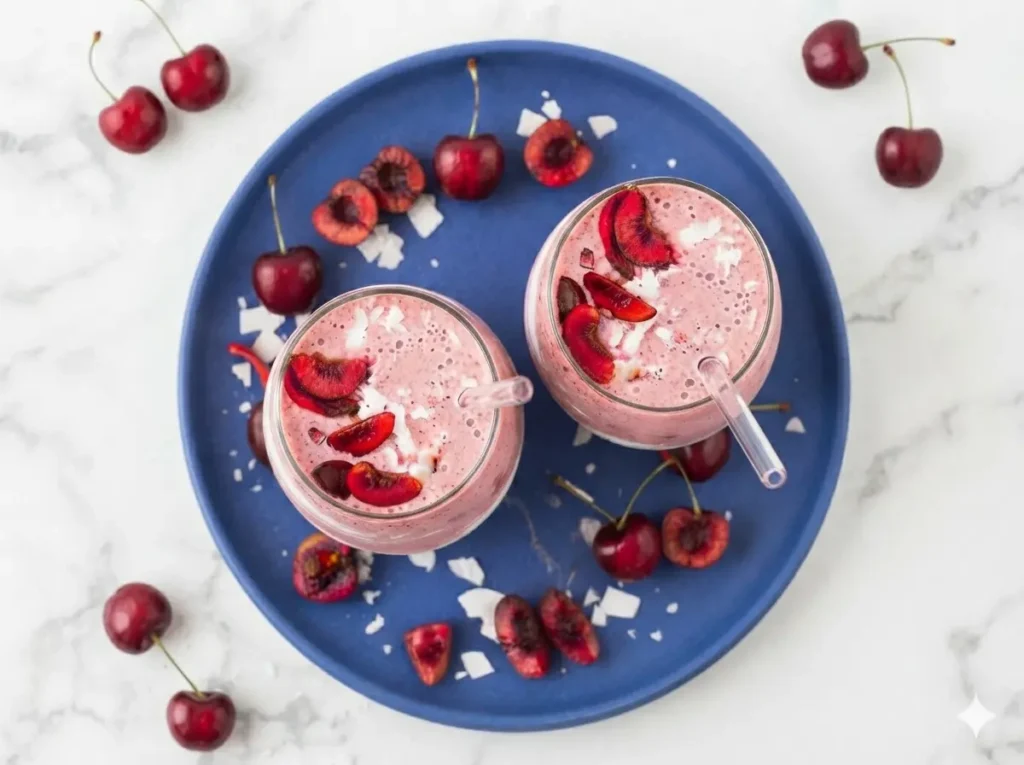 A hero shot of a vibrant pink Cherry Cottage Cheese Smoothie in a clear stemless glass, featuring thick white yogurt swirls visible through the glass. The smoothie is topped with several fresh dark red cherry slices and a sprinkle of snowy white shredded coconut. A clear glass straw is inserted. The scene is set on a white marble countertop with soft morning light from the side, a few whole cherries and coconut flakes are artfully scattered around the base. 4:3 aspect ratio.