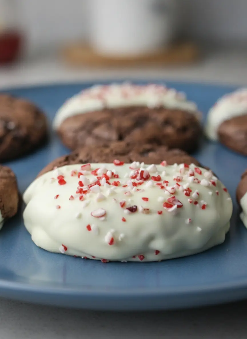 A composition of raw ingredients for Chewy Chocolate Peppermint Cookies. A ceramic bowl of dark cocoa powder sits next to a pile of whole peppermint candy canes on a wooden cutting board. A small glass bowl of white chocolate melting wafers is nearby on the marble counter. Natural, warm light illuminates the scene with fresh mint herbs in the background.