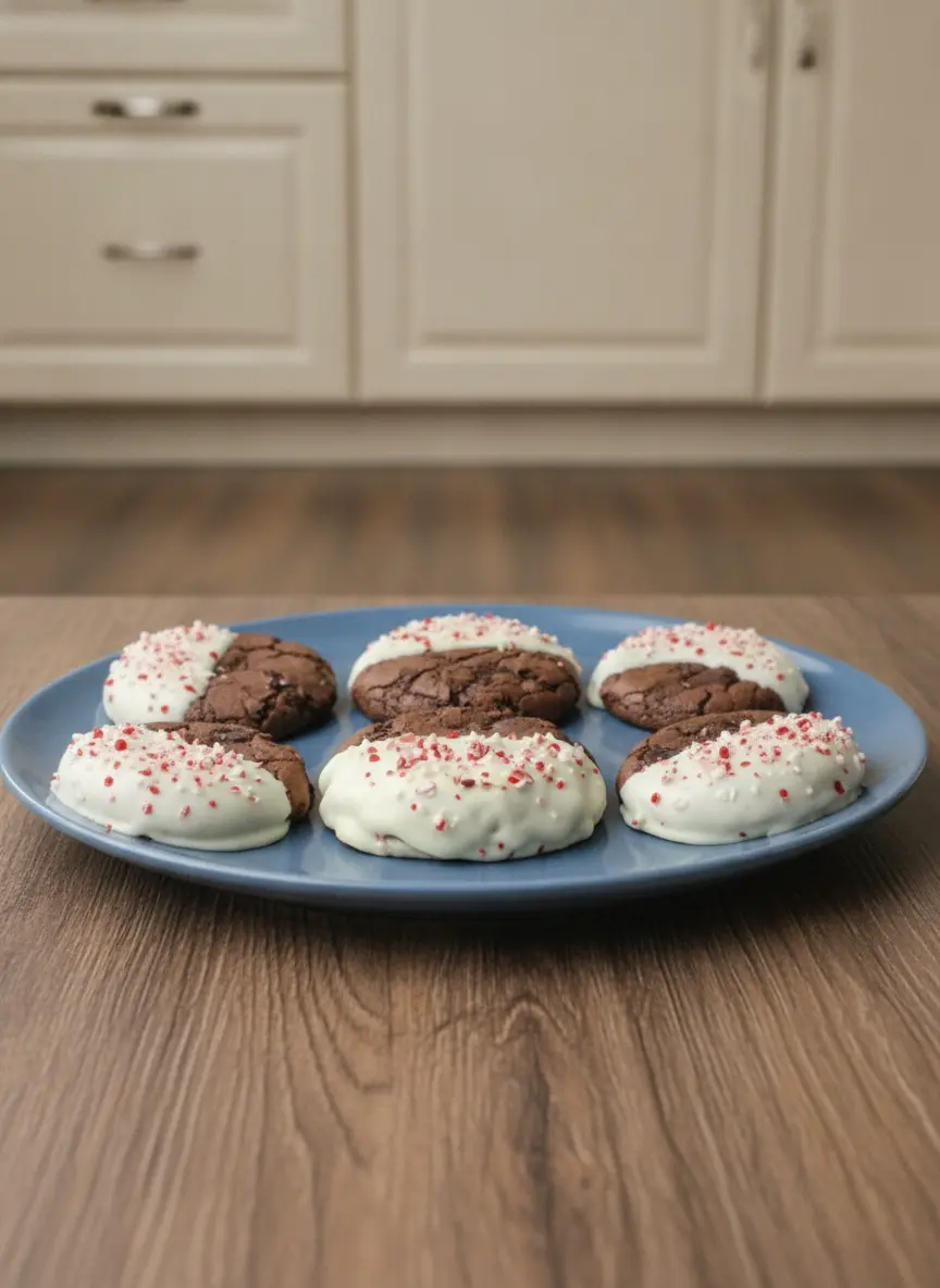 A process shot of Chewy Chocolate Peppermint Cookies. Dark chocolate cookie dough balls are arranged on a baking sheet lined with parchment paper. One cookie in the corner is shown just after being dipped into a bowl of melted white chocolate, capturing the thick, smooth texture of the coating. The wooden cutting board and marble surface are visible with soft shadows.