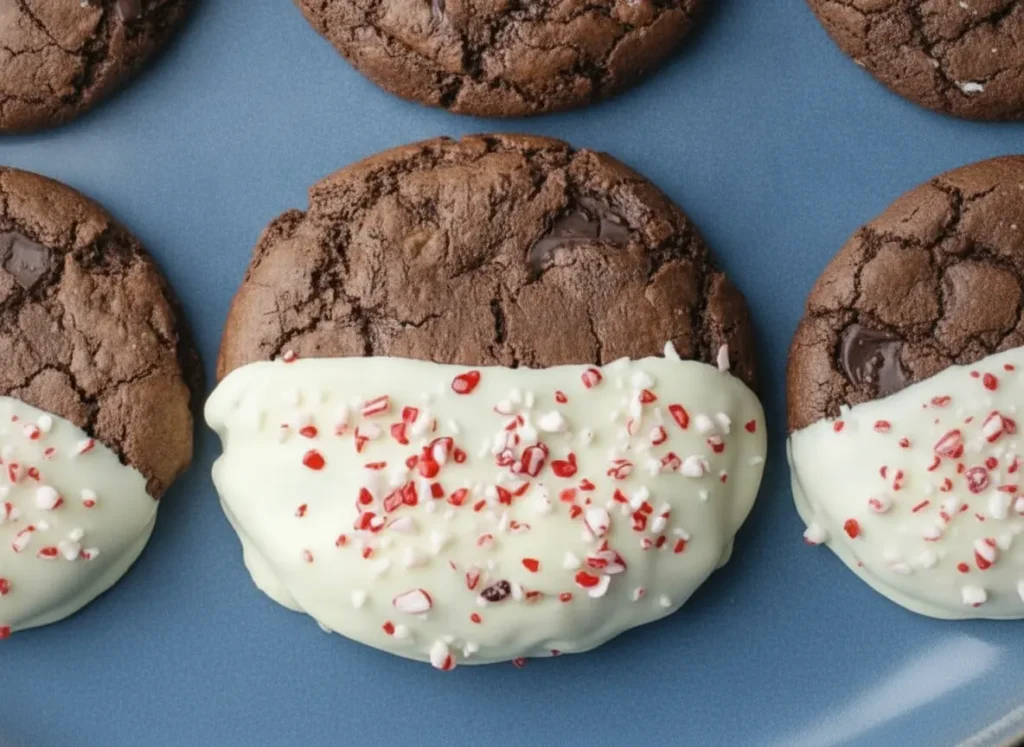 A top-down hero shot of several Chewy Chocolate Peppermint Cookies arranged on a white marble countertop. The cookies are deep dark brown with a cracked, fudgy surface, and each is exactly half-dipped in smooth, creamy white chocolate. The white chocolate portion is generously sprinkled with crushed red and white candy canes. Soft morning light from the east creates gentle shadows. No hands or people. Clean, tidy, and festive presentation.