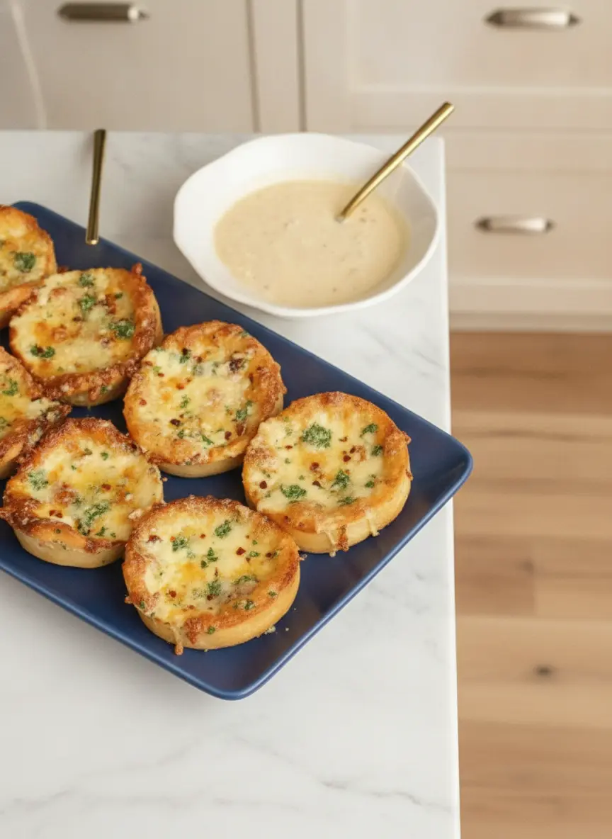 A process shot of a dark metal muffin tin sitting on a marble countertop. The cups of the tin are lined with golden-brown, semi-baked pizza dough cups filled with a mixture of shredded chicken and creamy white alfredo sauce, generously topped with mounds of un-melted shredded mozzarella cheese and a light dusting of red pepper flakes, captured in a clean, tidy presentation.