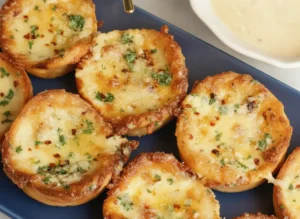 A beautifully styled hero shot of golden-brown Chicken Alfredo Crazy Puffs arranged on a vibrant orange rectangular serving platter. The puff pastry cups are circular, baked in a muffin-pan style, filled with bubbling melted mozzarella cheese, and garnished with bright green chopped parsley and red pepper flakes, showcasing crispy, caramelized dark-golden cheese edges. In the background, a minimalist white ceramic bowl filled with creamy alfredo dipping sauce sits on a clean marble countertop with soft morning sunlight streaming in from an east window, creating gentle shadows.