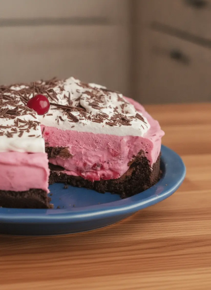 A 3:4 process shot showing the vibrant pink cranberry cream filling being smoothed into the dark chocolate cookie crust with a spatula. The contrast between the deep black crust and the bright pink filling is sharp. The pie dish sits on a marble surface with a small sprig of mint nearby.