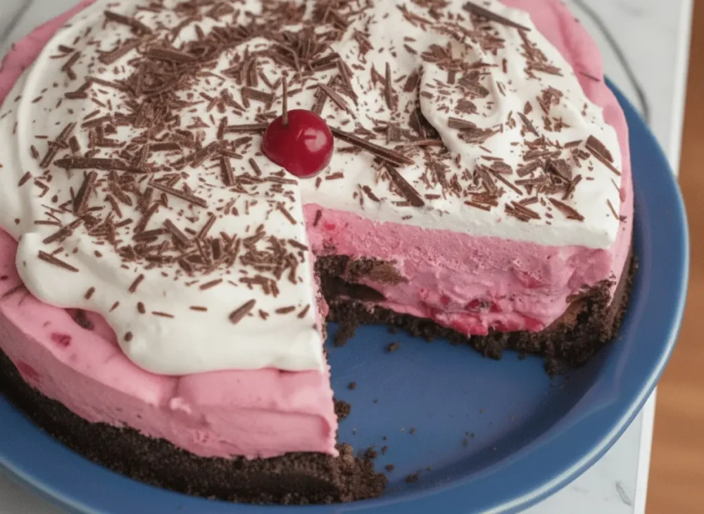 A high-angle 4:3 hero shot of a whole Chocolate Cranberry Cream Pie in a white ceramic dish, sitting on a white marble countertop. The pie features a visible dark chocolate cookie crust, a thick layer of vibrant pink cranberry cream, and a topping of fluffy white whipped cream heavily dusted with dark chocolate shavings. Natural morning light streams from an east window, creating soft shadows. A wooden cutting board and a small bowl of fresh cranberries are visible in the background.
