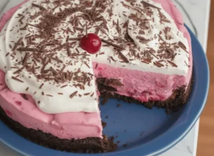 A high-angle 4:3 hero shot of a whole Chocolate Cranberry Cream Pie in a white ceramic dish, sitting on a white marble countertop. The pie features a visible dark chocolate cookie crust, a thick layer of vibrant pink cranberry cream, and a topping of fluffy white whipped cream heavily dusted with dark chocolate shavings. Natural morning light streams from an east window, creating soft shadows. A wooden cutting board and a small bowl of fresh cranberries are visible in the background.