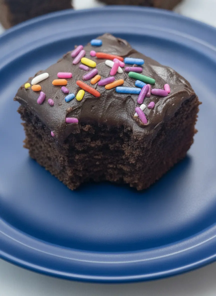 A top-down view of the ingredients for the Chocolate Donut-Frosted Cake Bites Recipe on a rustic wooden cutting board. Includes a bowl of dark cocoa powder, a small ceramic jar of rainbow sprinkles, a whisk, and a glass of milk. The marble countertop is visible beneath the board, with soft morning light illuminating the textures. 3:4 ratio.