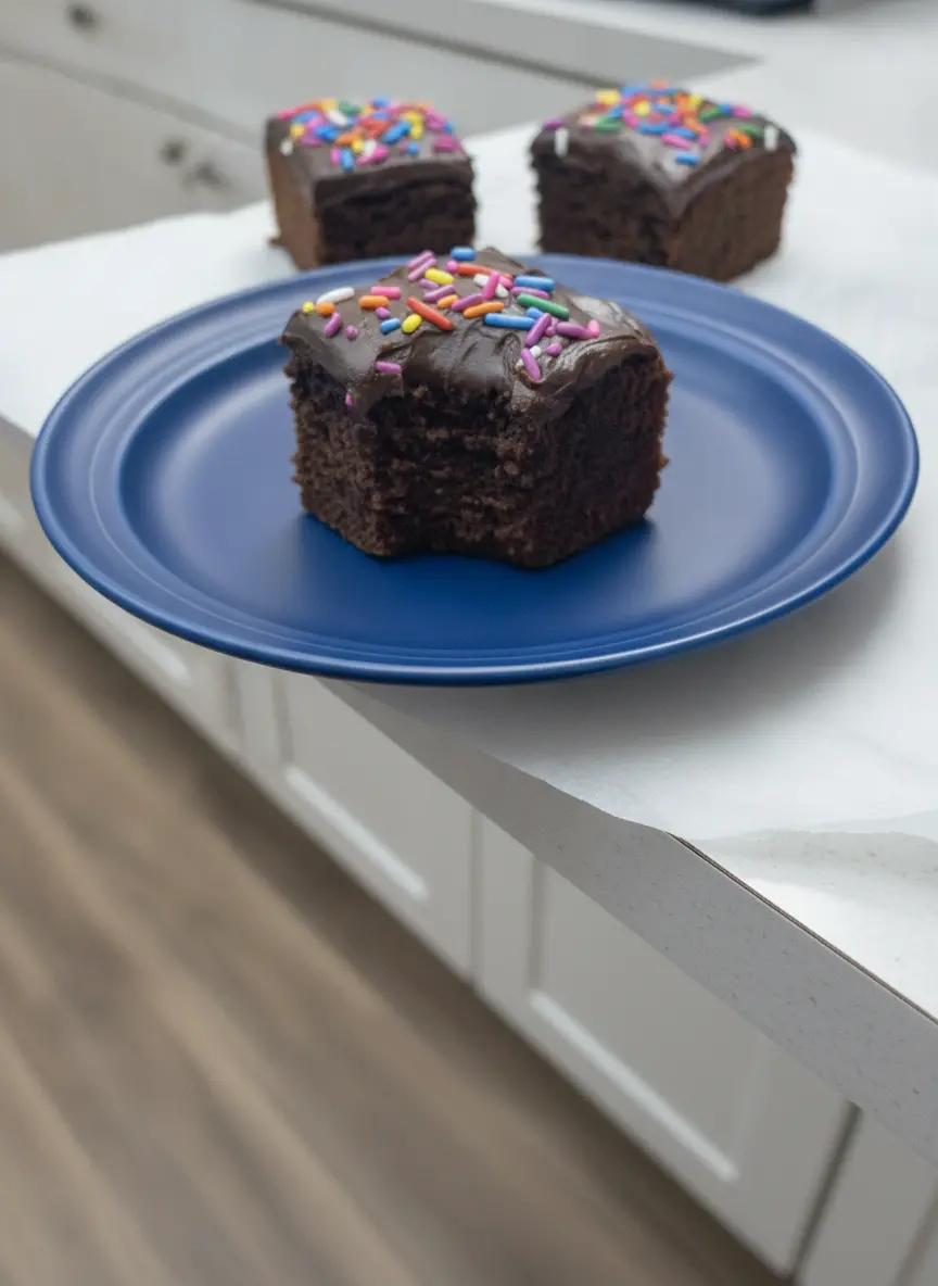 A process shot of thick, dark chocolate batter being smoothed into a square metal baking pan with a spatula. The wooden cutting board is in the corner, and a small sprig of fresh herbs sits on the marble counter to the side. The lighting is warm and natural with clean, tidy presentation. 3:4 ratio.