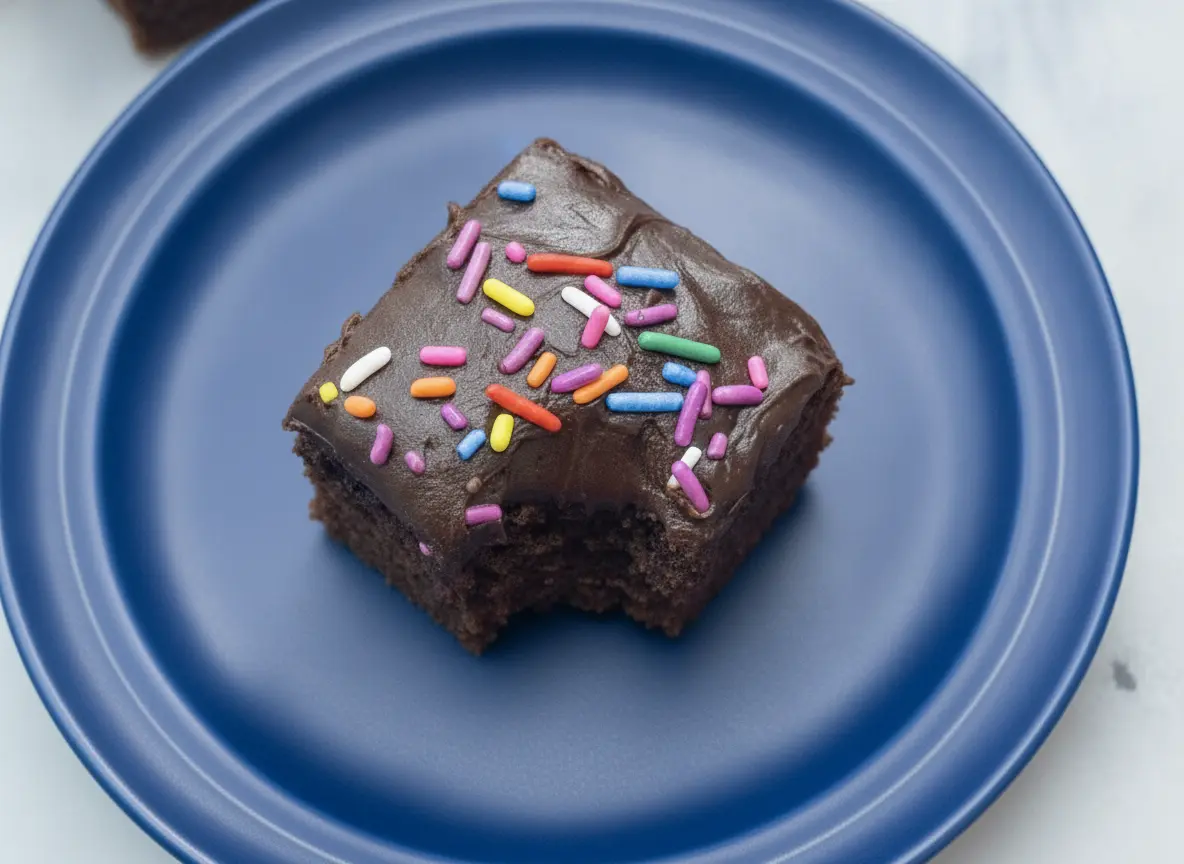 A hero shot of sixteen perfectly cut square chocolate cake bites, each topped with a thick, glossy dark chocolate frosting and a heavy dusting of vibrant rainbow sprinkles. The bites are arranged neatly on a minimalist white ceramic plate sitting on a white marble countertop. Natural morning light from an east-facing window creates soft shadows, with a small wood accent bowl of extra sprinkles and a sprig of fresh mint in the background. 4:3 ratio.