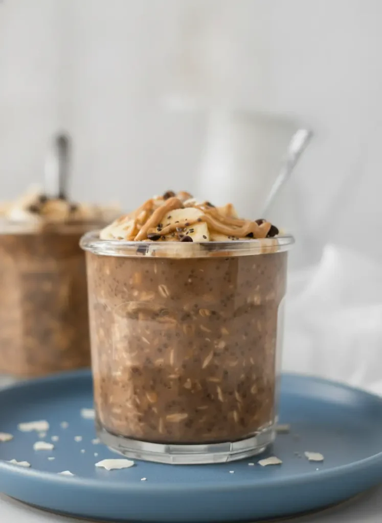 Chocolate Peanut Butter Banana Overnight Oats A 3:4 prep-focused shot showing dry rolled oats, dark cocoa powder, and black chia seeds arranged in small mounds on a weathered wooden cutting board. Next to the ingredients sits a small white ceramic bowl containing creamy peanut butter and a partially sliced ripe banana. The lighting is bright and natural, highlighting the textures of the raw ingredients against the marble surface.