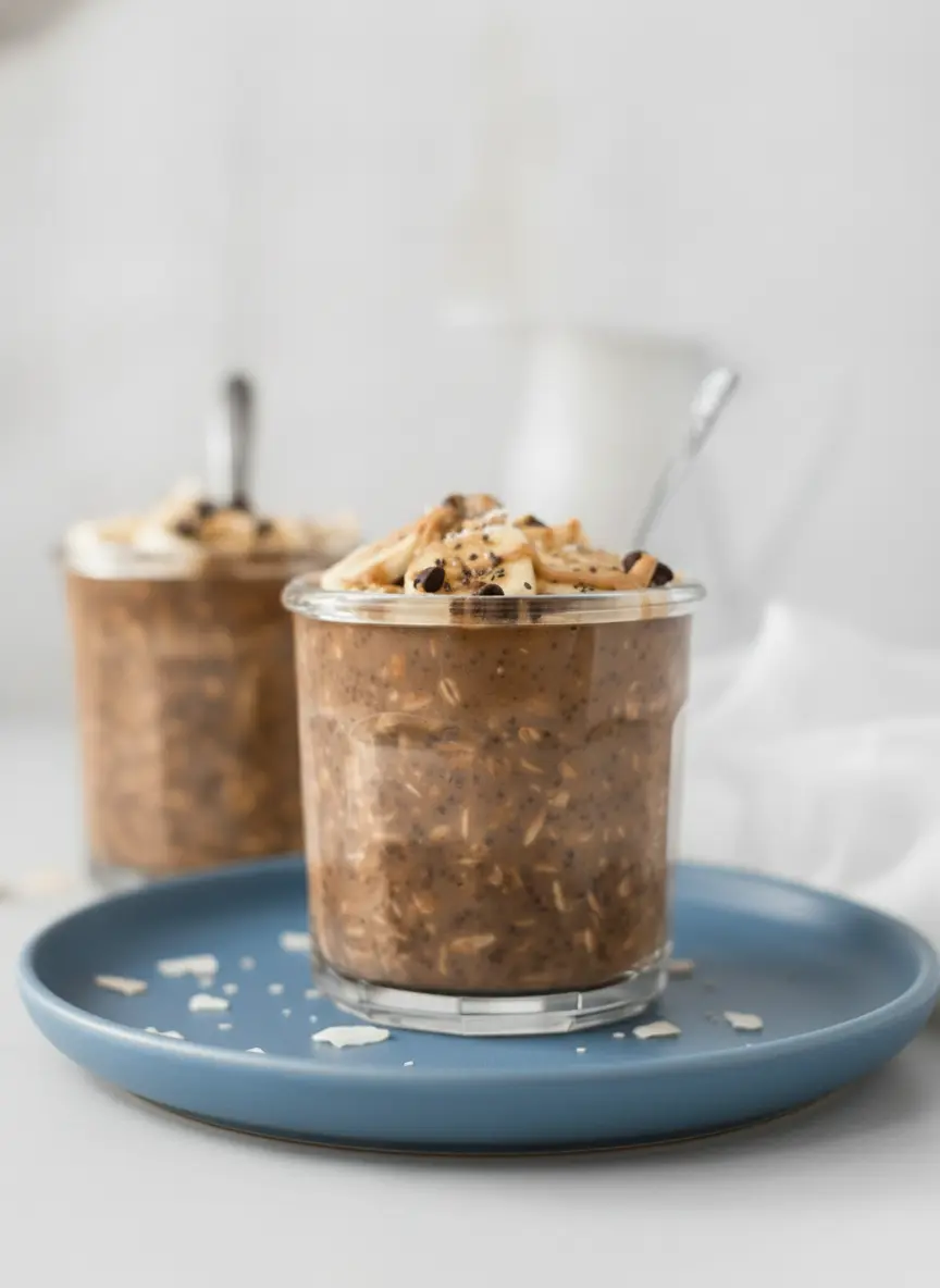 A 3:4 process shot capturing the interior of a glass jar where the chocolate oat mixture is being combined. The oats are dark and glossy with cocoa, showing the thick, creamy consistency and visible chia seeds. No hands or people are visible. The focus is on the rich, swirled texture of the peanut butter as it integrates with the chocolate base. Soft shadows and warm kitchen lighting.