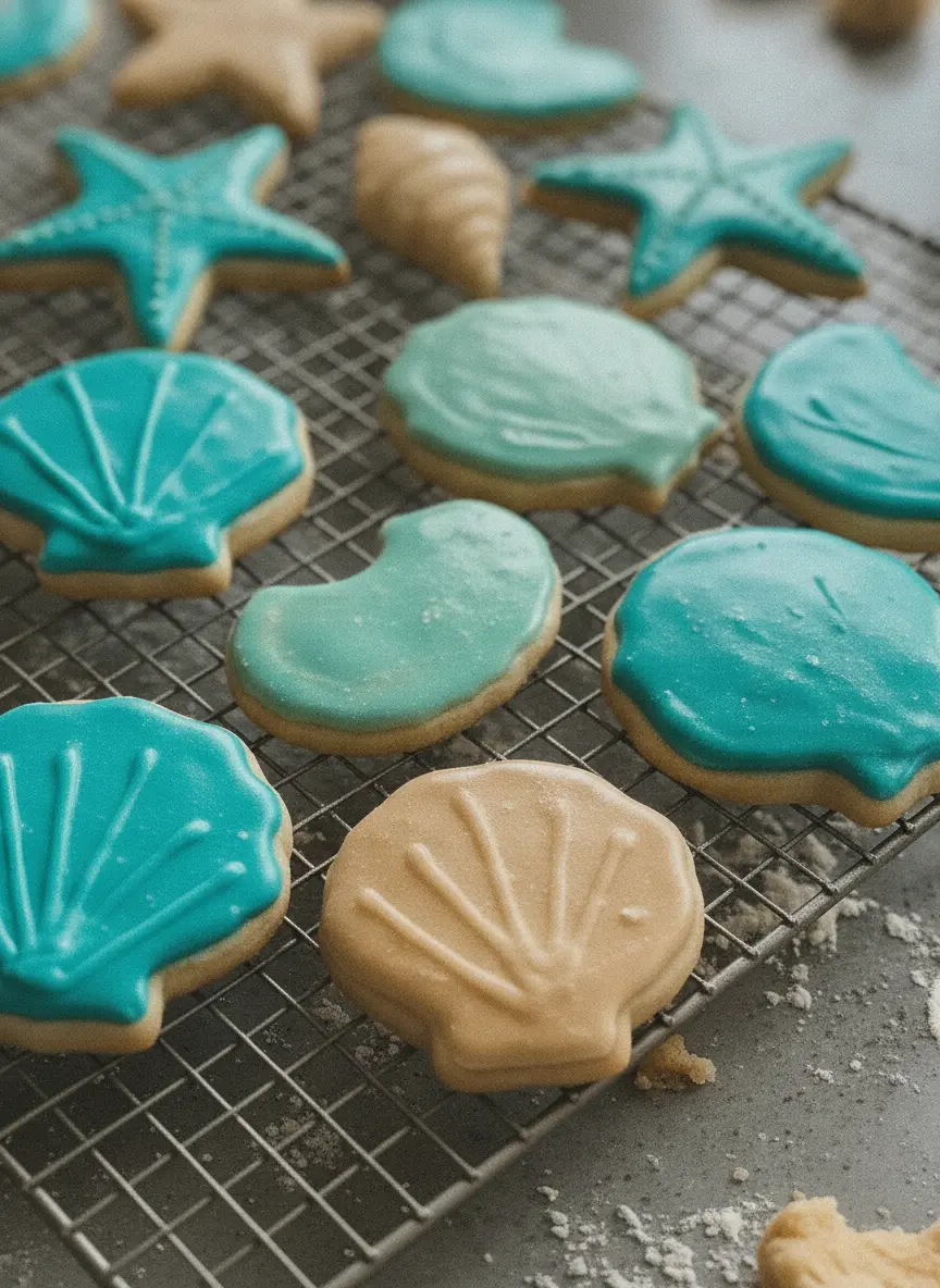 A high-angle shot of ingredients for sea cookies arranged on a marble surface. Ceramic bowls contain oats, white chocolate chips, and a small pinch of blue spirulina powder. A wooden cutting board sits to the side. 3:4 aspect ratio.