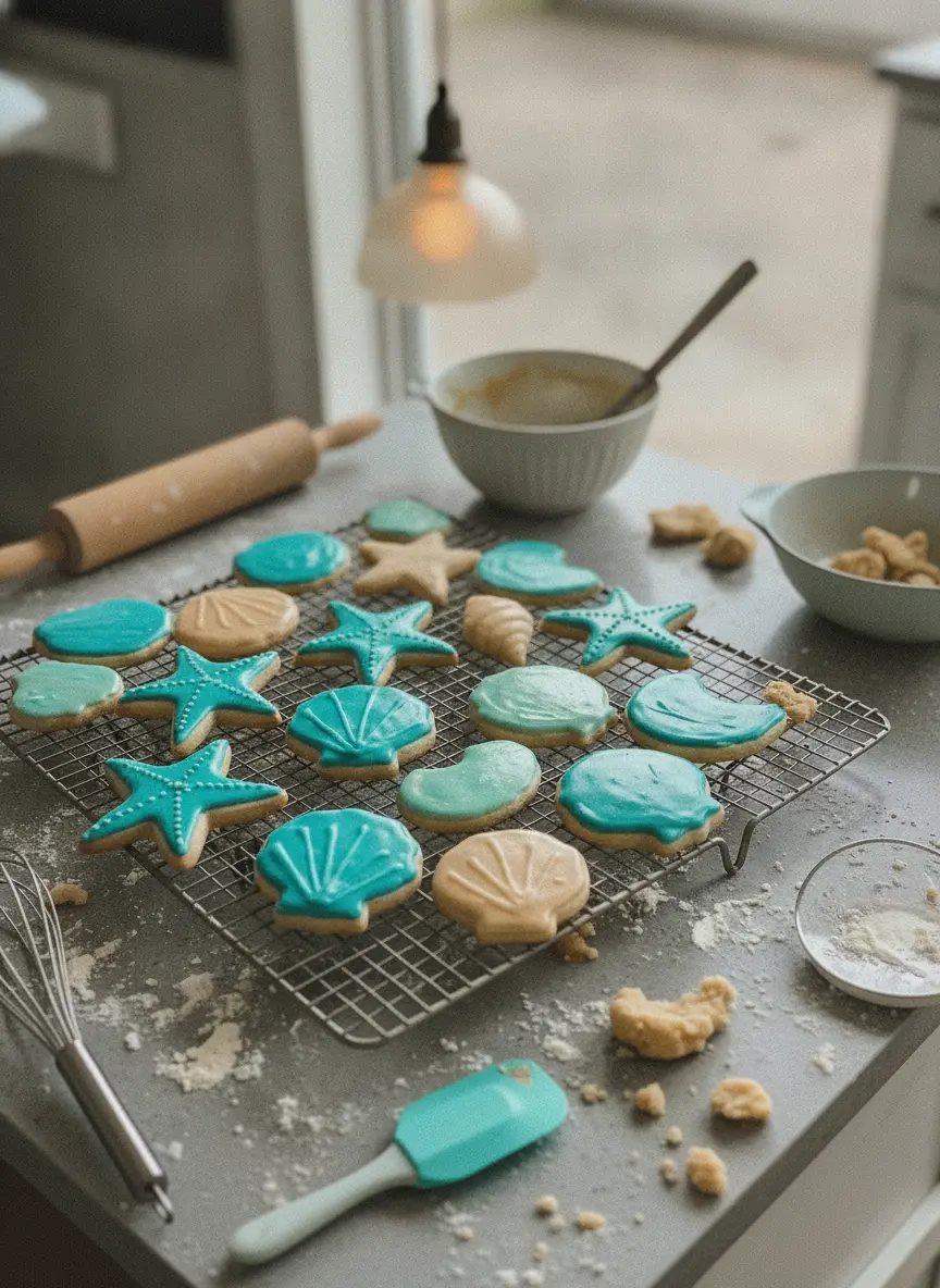 A process shot of the blue sea cookies dough being scooped onto a baking sheet lined with parchment paper. The scene is tidy and clean, with soft shadows and natural light hitting the textures of the oats and salt. 3:4 aspect ratio.