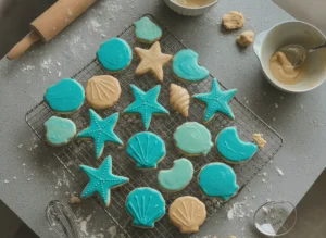 A hero shot of a stack of vibrant blue sea cookies on a minimalist white ceramic plate. The plate sits on a white marble countertop with a weathered wooden cutting board nearby. Soft morning light streams from an east window, creating gentle shadows. Fresh mint herbs are visible in the blurred background. 4:3 aspect ratio.