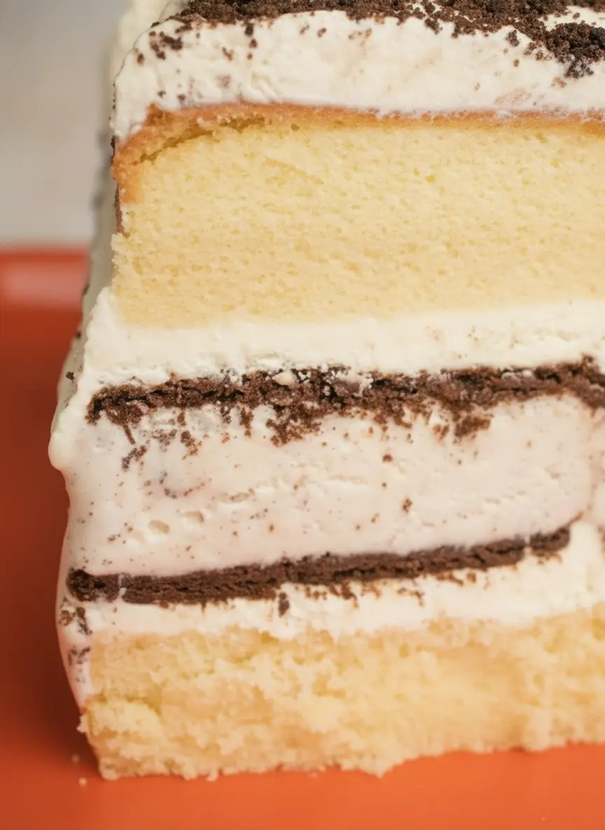 A close-up of the prep process on a wooden cutting board: a bowl of bright yellow cake batter next to a pile of roughly crushed chocolate sandwich cookies and a container of softening vanilla ice cream. The scene is set in a bright kitchen with marble accents and natural light.