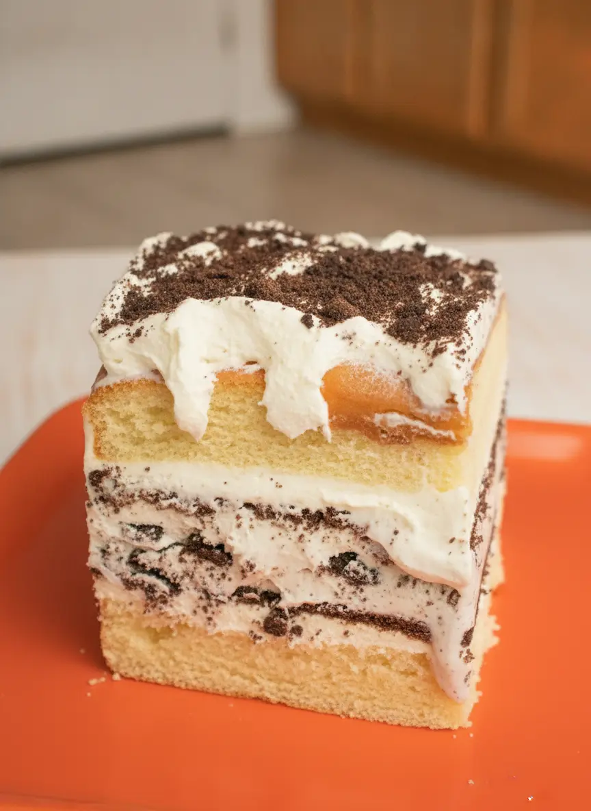 A process shot showing the assembly of the Cookies and Cream Ice Cream Cake: a thick layer of white ice cream with visible large cookie pieces is being spread evenly over a round yellow sponge cake layer inside a pan lined with clear plastic wrap. No hands are visible. The marble countertop and a white ceramic bowl are in the background.