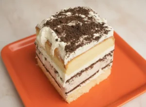 A hero shot of a thick slice of Cookies and Cream Ice Cream Cake standing upright on a minimalist white ceramic plate. The cake shows a bottom layer of yellow sponge, a very thick middle layer of white vanilla ice cream packed with large dark chocolate cookie chunks, another layer of yellow sponge, and a thick topping of white whipped cream heavily dusted with fine dark cookie crumbs. The plate sits on a white marble countertop with a wooden cutting board nearby. Soft natural morning light creates gentle shadows, and a small sprig of fresh mint is visible in the background.