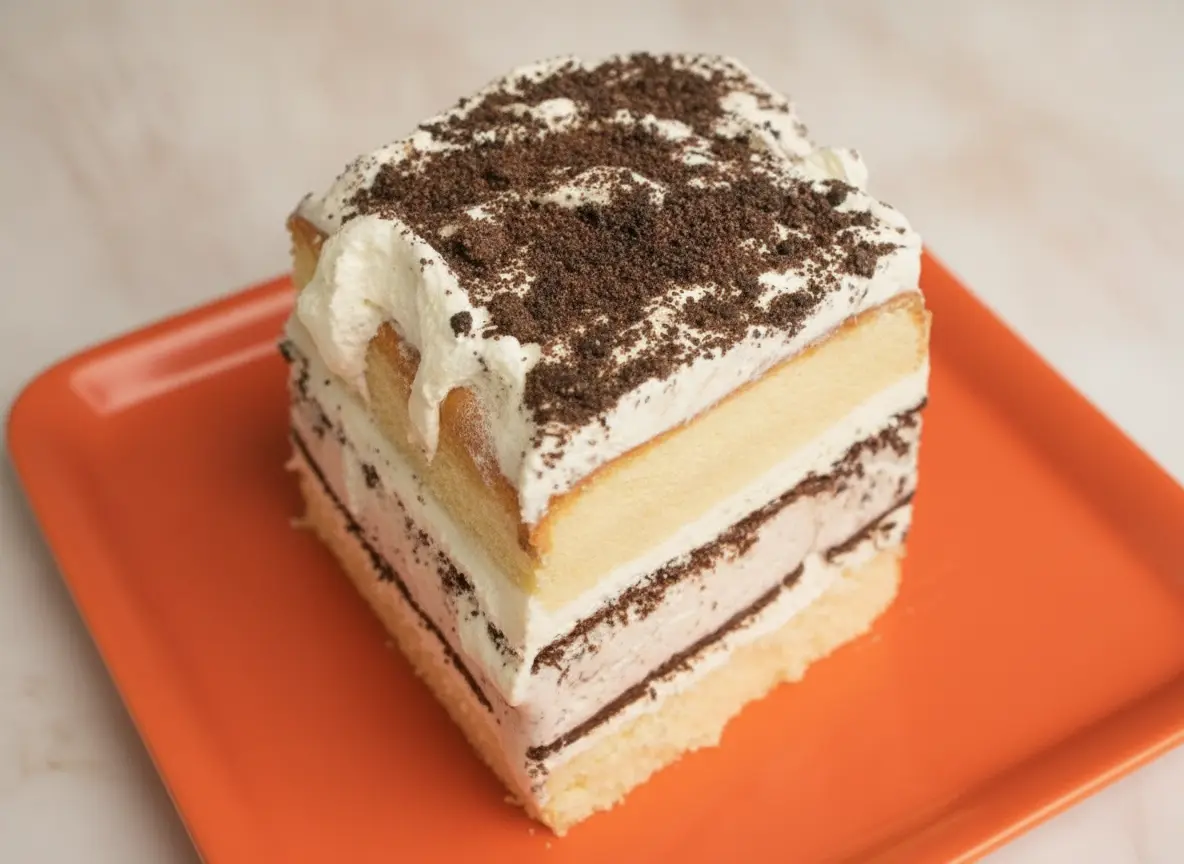 A hero shot of a thick slice of Cookies and Cream Ice Cream Cake standing upright on a minimalist white ceramic plate. The cake shows a bottom layer of yellow sponge, a very thick middle layer of white vanilla ice cream packed with large dark chocolate cookie chunks, another layer of yellow sponge, and a thick topping of white whipped cream heavily dusted with fine dark cookie crumbs. The plate sits on a white marble countertop with a wooden cutting board nearby. Soft natural morning light creates gentle shadows, and a small sprig of fresh mint is visible in the background.