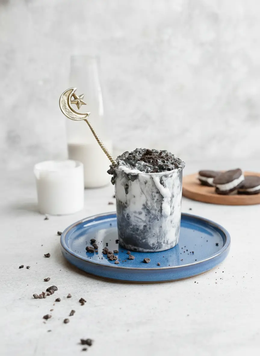 Process focus: A glass jar being filled with layers of dark cocoa-infused oats and bright white yogurt. The mixture shows a beautiful, messy marble swirl. The background features a clean, tidy kitchen with a hint of fresh herbs in a small pot.