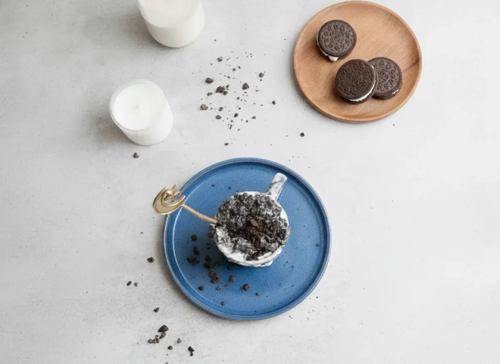 A hero shot of Cookies & Cream Overnight Oats in a small glass jar. The oats are a deep charcoal grey swirled with bright white yogurt. A gold spoon with a crescent moon and star handle is tucked inside the jar. The jar sits on a round dark wooden plate, which is placed on a light grey marble countertop. Natural morning sunlight enters from the side, creating soft shadows. In the background, a bottle of milk and a wooden plate with chocolate sandwich cookies are softly blurred. Clean, minimalist aesthetic.