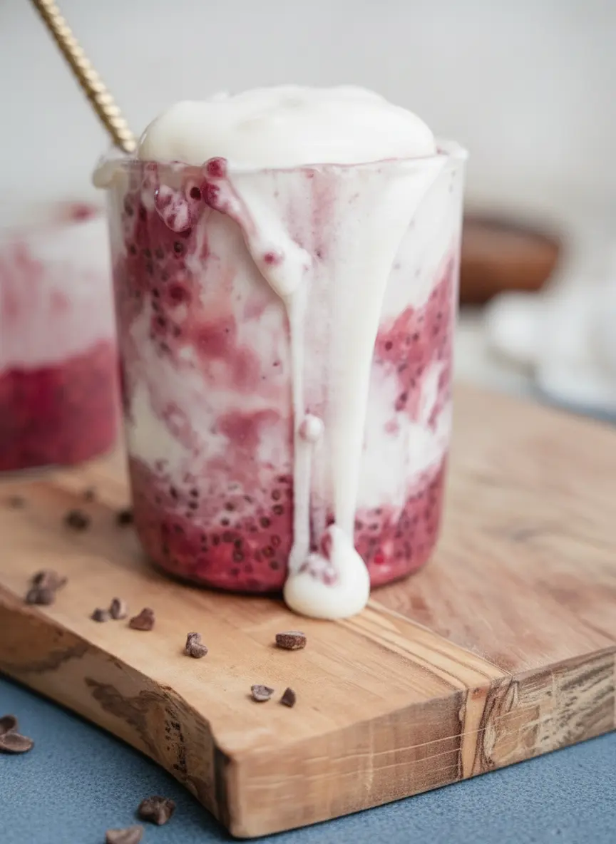 A minimalist prep shot on a white marble counter. Small ceramic bowls contain rolled oats, dark cocoa powder, bright magenta beetroot powder, and black chia seeds. A jar of almond milk and a small bottle of vanilla are in the background with soft morning shadows.