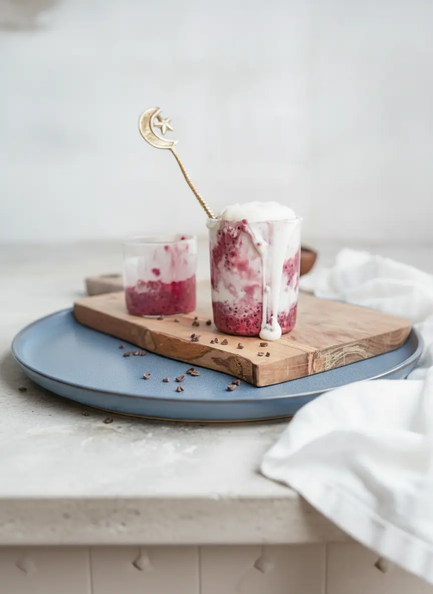 A process shot showing a clear glass being filled with layers of deep red oat mixture and thick white yogurt. A small spoon is visible creating a swirl pattern against the glass. The background features a clean kitchen with a wooden accent and white linen.