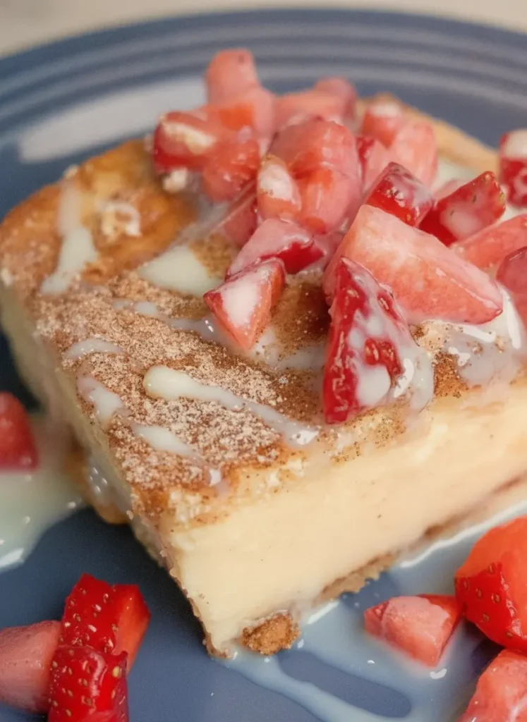Crescent Roll Churro Cheesecake Recipe - An overhead prep shot of ingredients on a wooden cutting board: two cans of crescent dough, a bowl of white cream cheese, a small ceramic bowl filled with cinnamon-sugar mix, and a basket of fresh red strawberries, bathed in soft morning light.