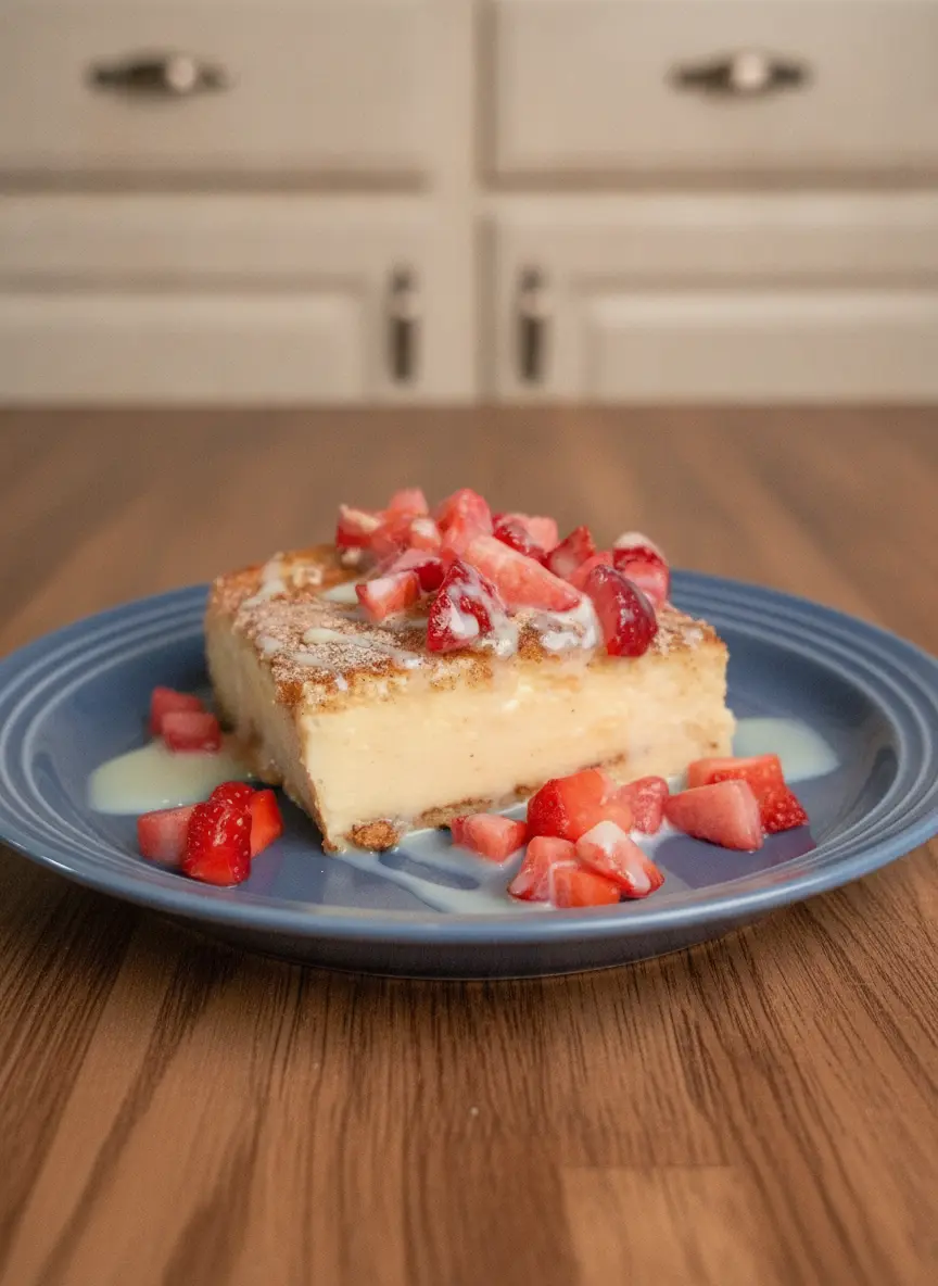 A baking pan containing the layered churro cheesecake before baking. The top sheet of crescent dough is carefully laid over the cream cheese filling, generously sprinkled with ground cinnamon and sugar, resting on a clean marble countertop.