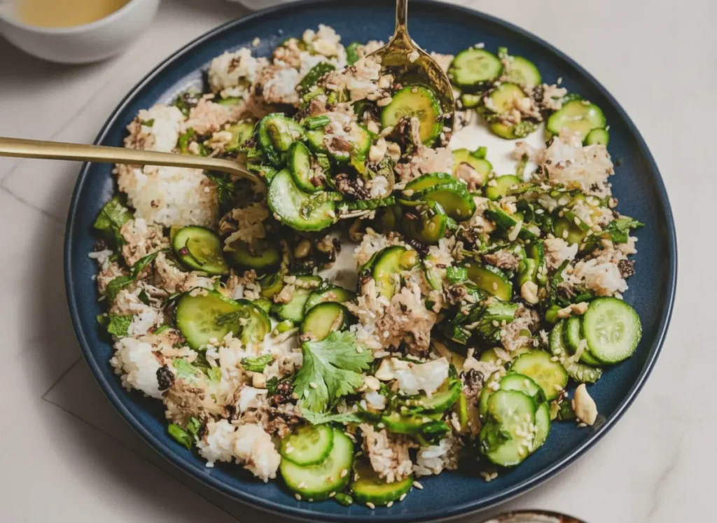 A high-angle hero shot of a Cucumber Crispy Rice Salad Recipe served on a large, minimalist white ceramic platter. The salad features thin, translucent cucumber rounds, jagged golden-brown charred rice clusters, vibrant green cilantro leaves, and scattered crushed peanuts and sesame seeds. Two elegant gold spoons are resting in the salad. The platter sits on a white marble countertop with soft morning light coming from the side, creating gentle shadows. Fresh herbs in a small ceramic bowl are visible in the blurred background. 4:3 aspect ratio.