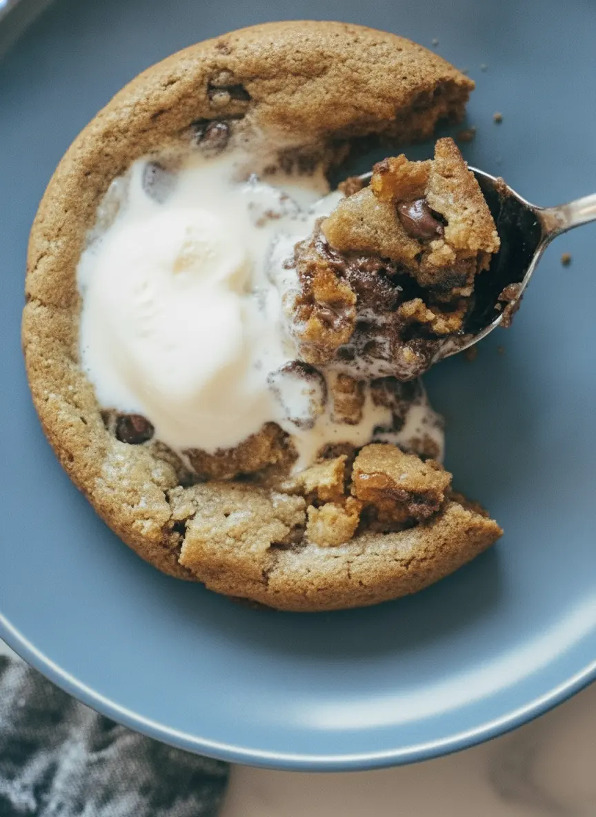 A 3:4 close-up of recipe ingredients for Deep Dish Cookie Bowls for Two. Small glass bowls contain brown sugar, a single egg yolk, and semi-sweet chocolate chips, all arranged on a rustic wooden cutting board. The marble countertop is visible beneath. The scene is bright and clean with natural east-window light.