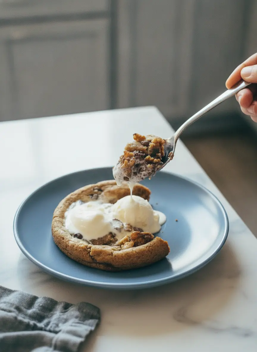 A 3:4 process shot showing raw chocolate chip cookie dough being pressed into two white ceramic ramekins. The dough is textured with visible chocolate chips. The ramekins sit on a white marble surface next to a dusting of flour. No hands are visible. The lighting is warm and inviting.