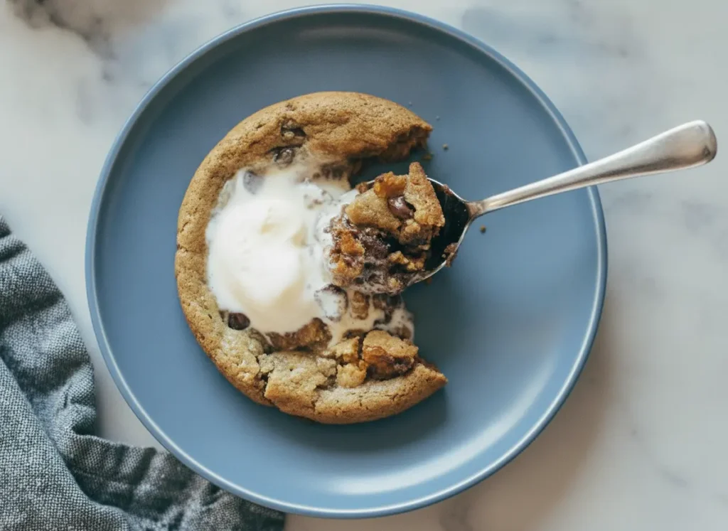 A high-angle 4:3 hero shot of two white ceramic ramekins filled with golden brown Deep Dish Cookie Bowls for Two, topped with large melting scoops of vanilla ice cream. The bowls are placed on a white marble countertop with soft morning light coming from the side. A silver spoon is resting in one bowl, showing a gooey chocolate interior. Background features a hint of a wooden cutting board and a small sprig of fresh mint. Soft shadows and warm tones throughout.