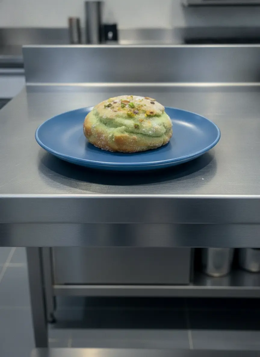 Process focus: A metal muffin baking tin filled with rustic brown paper tulip liners, each containing pale green pistachio muffin batter topped with a generous sprinkle of chopped raw pistachios and sliced almonds, resting on a marble countertop next to some fresh green herbs in the background. Warm, soft kitchen lighting, no hands, no people.