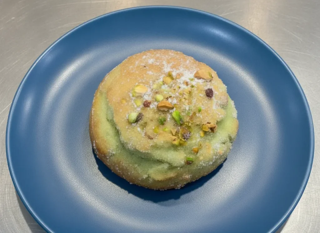 High-angle, close-up shot of several fresh-baked bakery-style pistachio muffins with vibrant pale green tops inside rustic brown paper tulip liners. The muffins are dusted with fine powdered sugar and sprinkled with coarsely chopped bright green pistachios. They are arranged on a warm-toned ceramic serving platter on a marble countertop in a bright kitchen with soft morning light filtering in from an east window. Clean and tidy presentation, cozy atmosphere, no hands, no people.