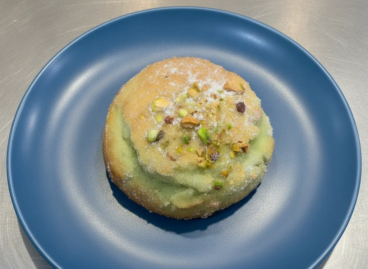 High-angle, close-up shot of several fresh-baked bakery-style pistachio muffins with vibrant pale green tops inside rustic brown paper tulip liners. The muffins are dusted with fine powdered sugar and sprinkled with coarsely chopped bright green pistachios. They are arranged on a warm-toned ceramic serving platter on a marble countertop in a bright kitchen with soft morning light filtering in from an east window. Clean and tidy presentation, cozy atmosphere, no hands, no people.