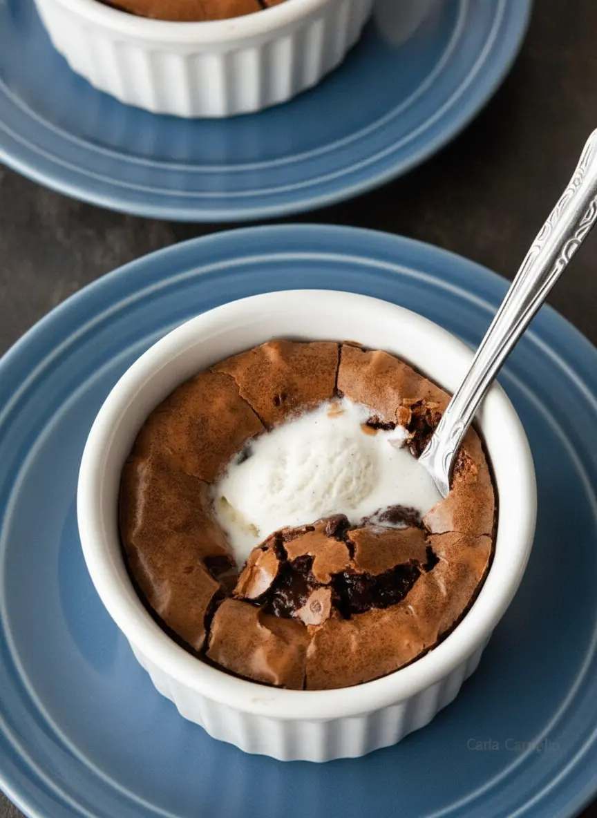 The process of thick chocolate brownie batter being smoothed into two minimalist white ceramic ramekins sitting on a wooden board, fresh mint leaves in the background, clean and tidy kitchen setting.