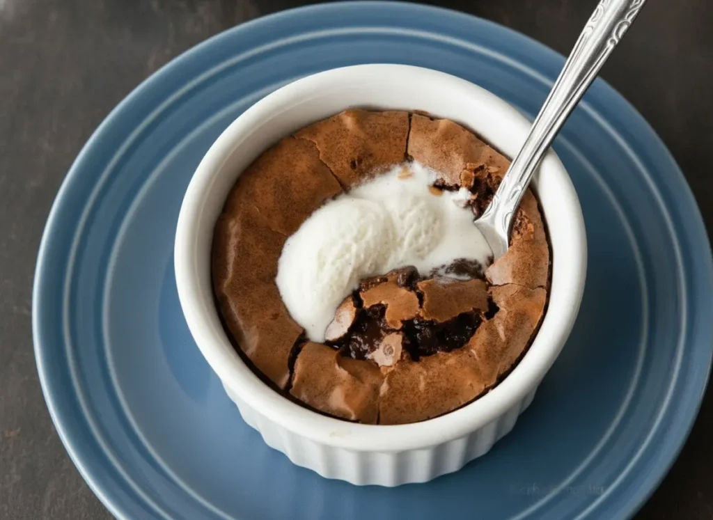 A hero shot of two white fluted ceramic ramekins containing dark fudgy brownies with a distinct thin crackly top, topped with a melting scoop of vanilla bean ice cream, a silver spoon rests in one, set on a light wooden board on a marble countertop, natural morning light, warm tones.