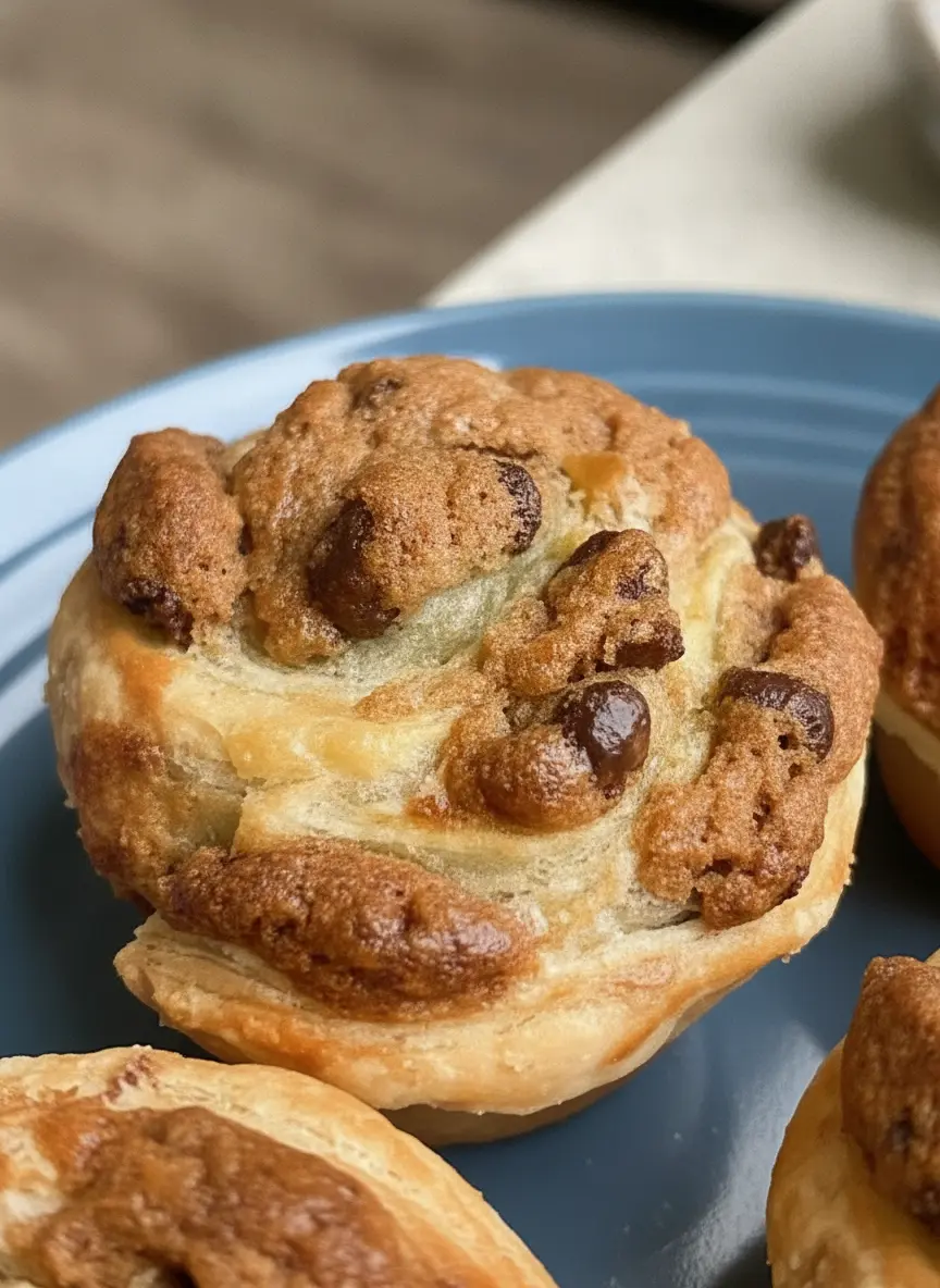 A flat lay of the ingredients for Cookie Puff Pastry on a well-worn wooden cutting board. A sheet of raw, pale puff pastry lies flat next to a bowl of chocolate chip cookie dough. A small white ceramic bowl holds a cracked egg. Natural morning light illuminates the marble counter in the background. 3:4 aspect ratio.