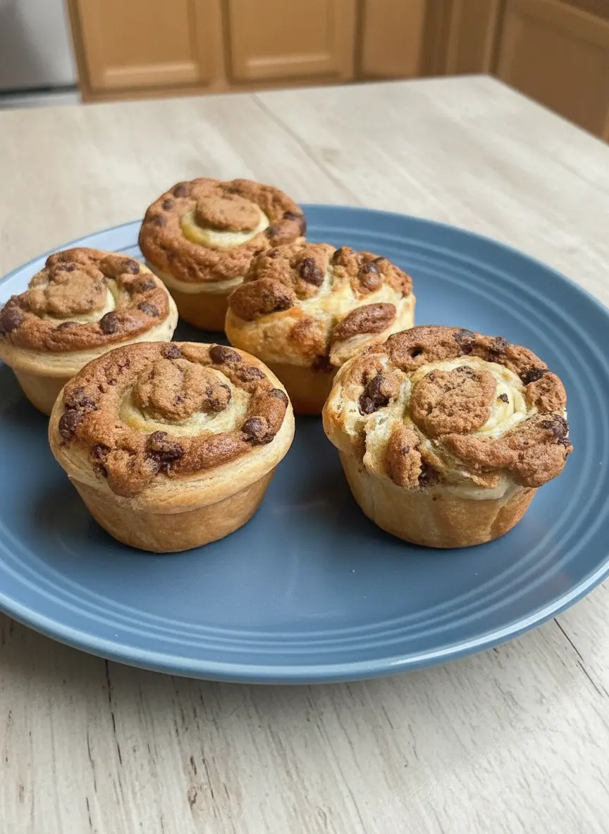 A process shot showing the technique of rolling the Cookie Puff Pastry. The pastry is rolled into a tight log on the wooden cutting board, with visible layers of dough and chocolate chips at the ends. A sharp knife sits nearby on the marble. No hands or people are visible. 3:4 aspect ratio.