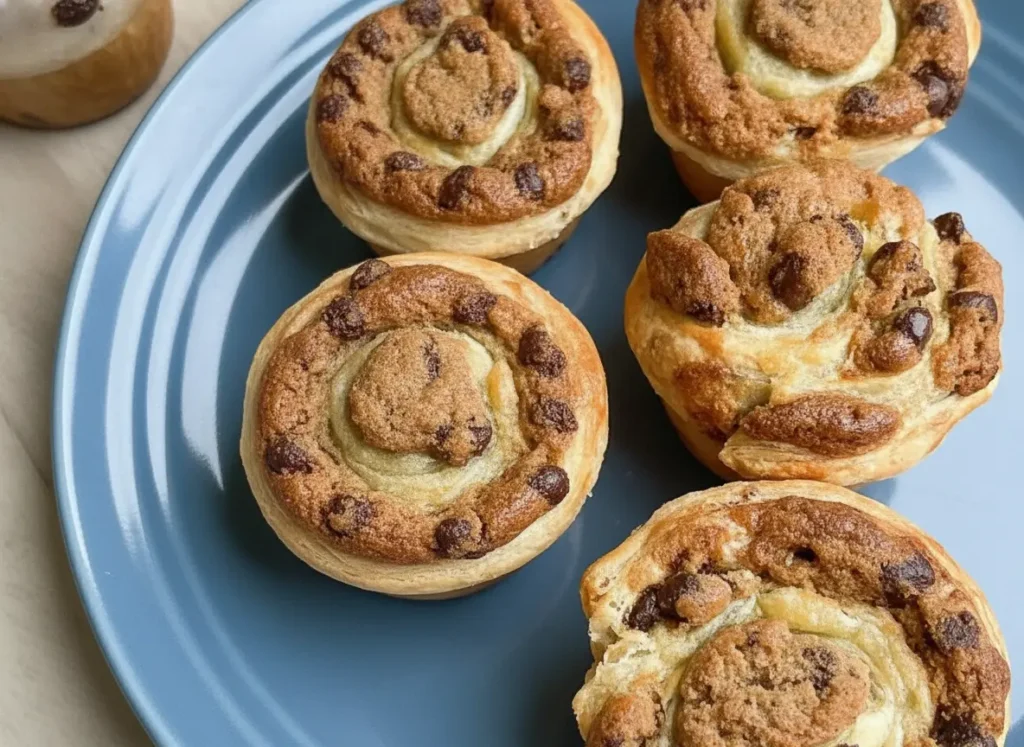 A hero shot of several golden brown Cookie Puff Pastry rolls arranged on a minimalist white ceramic plate. The pastries show distinct swirled layers of flaky dough and chocolate chip cookie filling. The scene is set on a white marble countertop with soft morning sunlight streaming in from an east window, creating gentle shadows. A sprig of fresh mint is visible in a small glass in the background. 4:3 aspect ratio.