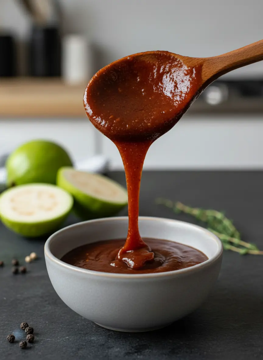 A 3:4 close-up focusing on the prep work. Several 1-inch cubes of dark red, textured guava paste are scattered on a wooden cutting board. In the background, small white ceramic bowls hold smoked paprika and garlic powder, with a sliced lime and fresh green cilantro sprigs nearby on the marble surface.