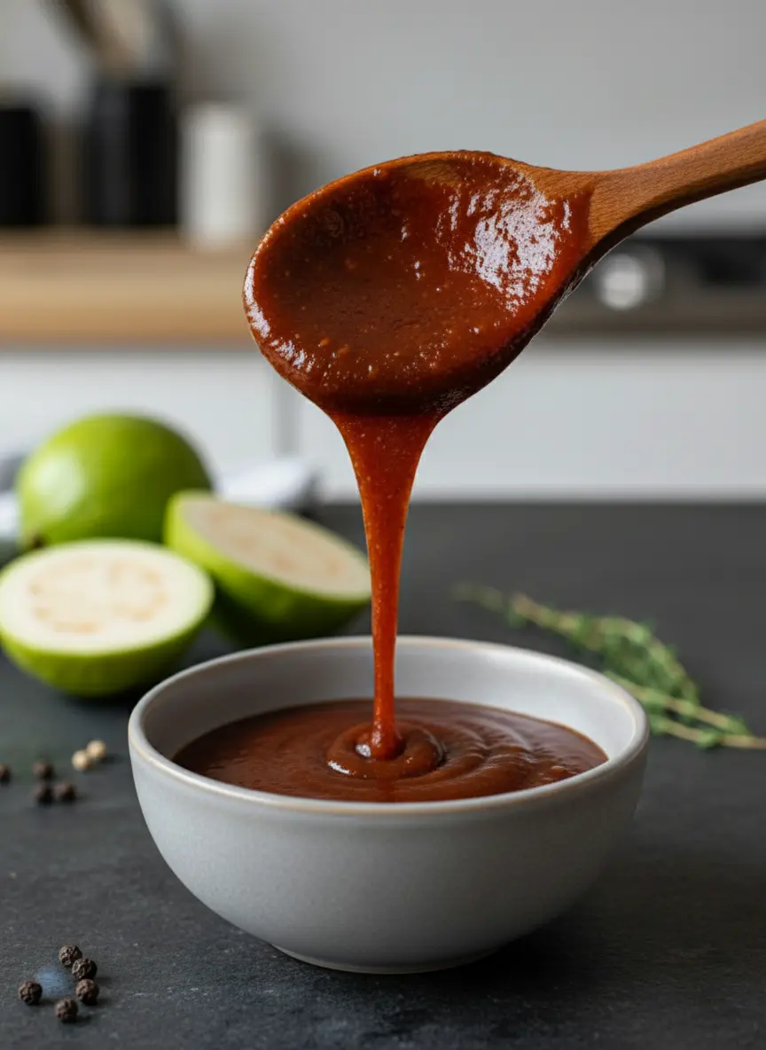 A 3:4 process shot showing the Easy Guava BBQ Sauce simmering in a minimalist white ceramic pot. A silver whisk is resting against the side of the pot, and the sauce is bubbling gently, showing its thick and glossy texture. Soft shadows and warm tones enhance the clean, tidy kitchen setting.