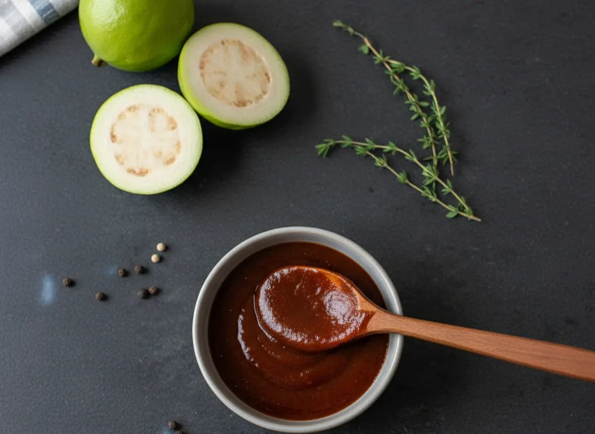 A high-angle 4:3 hero shot of a glass jar overflowing with thick, glossy, deep reddish-brown Easy Guava BBQ Sauce. A rustic wooden spoon is held above the jar, with the sauce dripping back down in a viscous, smooth stream. Beside the jar are several small, perfectly square cubes of dark red guava paste. The scene is set on a weathered wooden cutting board over a white marble countertop, bathed in soft morning light from an east window with a white paneled wall in the background.