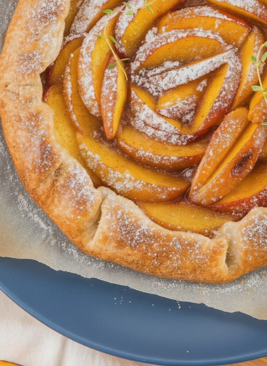 Crescent-shaped slices of ripe yellow and orange peaches resting on a clean marble surface next to a small white ceramic bowl of cinnamon and sugar. Sprigs of fresh thyme and a corner of a wooden cutting board are visible in the background. High-key morning lighting.