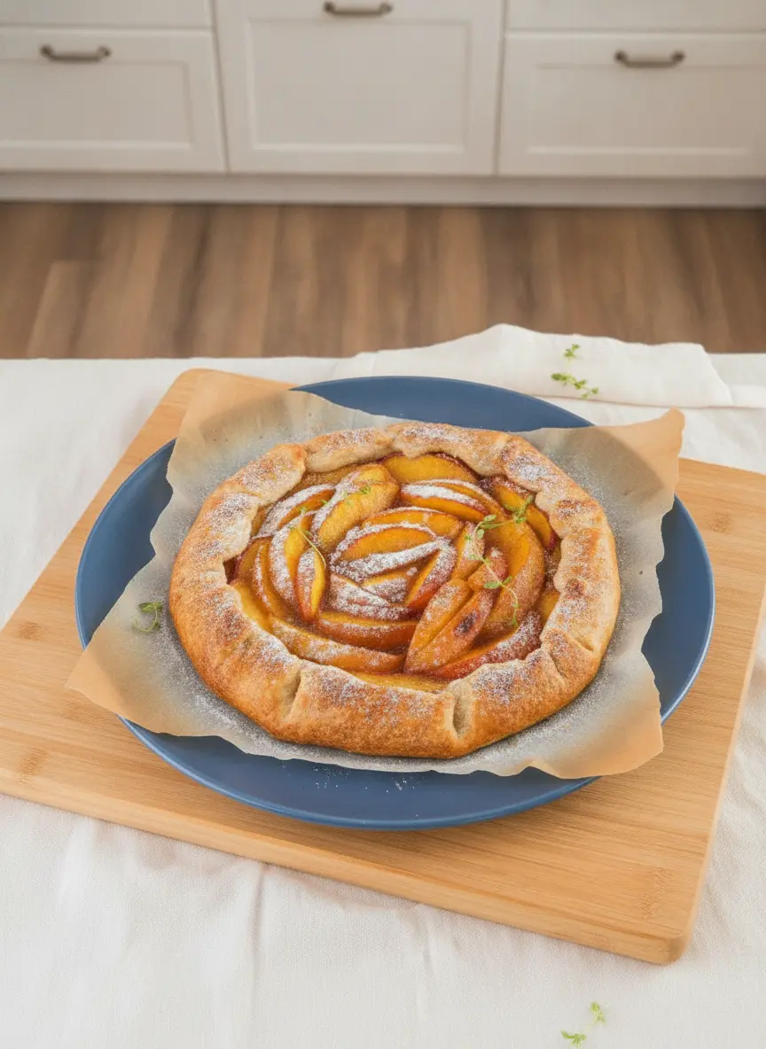 An unbaked Easy Peach Galette on parchment paper, showing the rustic dough edges being folded over the outer ring of peach slices arranged in a beautiful swirl. The scene is shot from a high angle on a wooden board. No hands or people. Clean and tidy presentation.