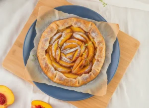 A whole Easy Peach Galette centered on a wooden cutting board, placed on a white marble countertop in a kitchen with natural morning light. The galette features thinly sliced yellow peaches arranged in a tight concentric rose pattern, lightly dusted with powdered sugar and garnished with fresh green thyme sprigs. Soft shadows, warm tones, minimalist white background.
