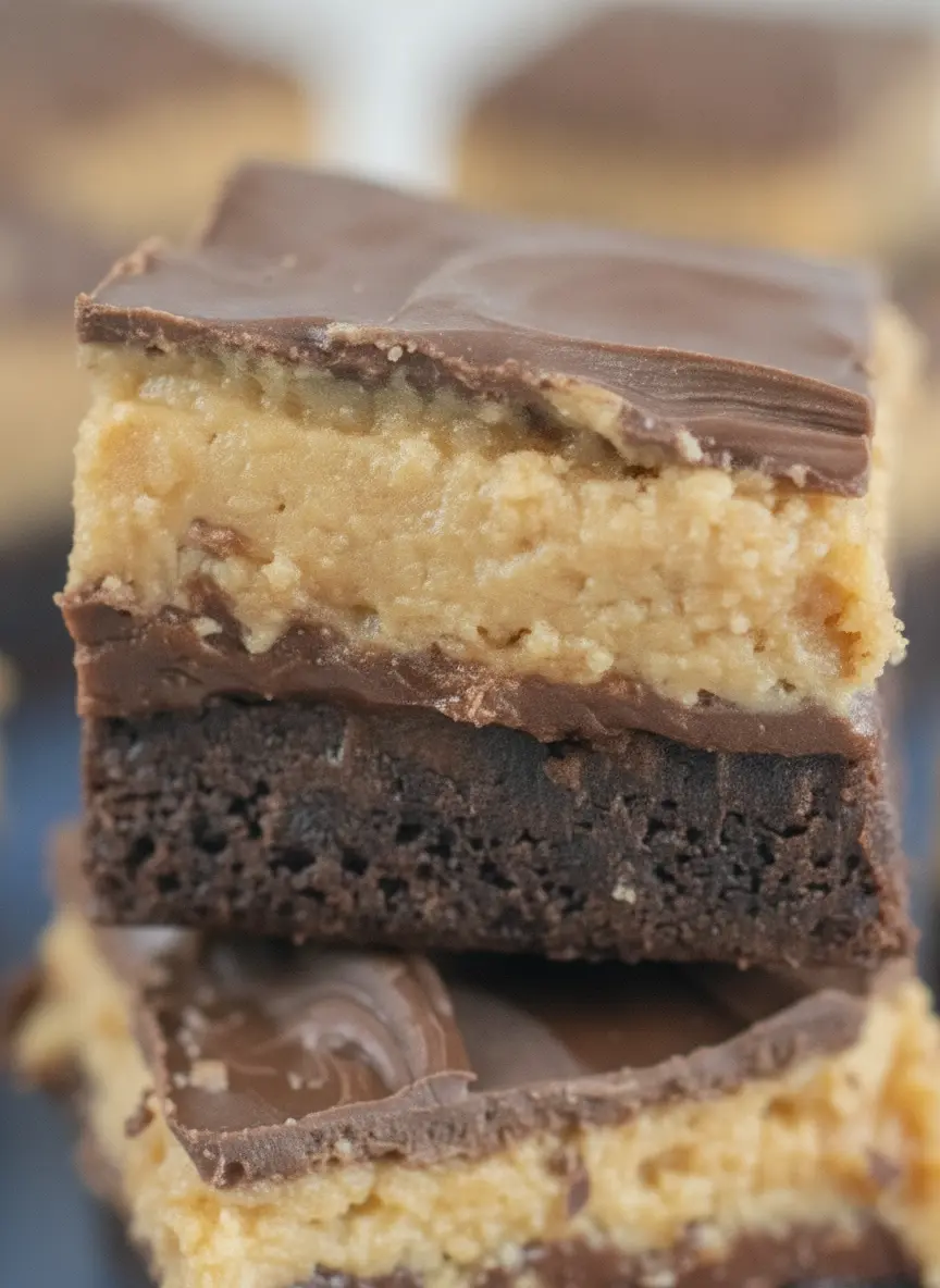 A high-angle shot on a marble countertop focusing on the ingredients for Four Layer Peanut Butter Brownie Bars. A rustic wooden cutting board holds a bowl of dark cocoa powder, a jar of creamy peanut butter, and a small pile of semi-sweet chocolate chips. A sprig of fresh rosemary is visible in a small white ceramic vase in the corner. Warm, soft tones dominate the frame.