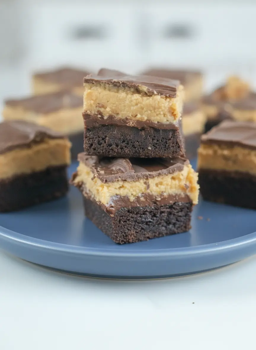 A process shot showing the technique of spreading the thick tan peanut butter layer onto the Four Layer Peanut Butter Brownie Bars. The bars are still in a parchment-lined metal baking pan, resting on a wooden cutting board. The focus is on the contrast between the dark chocolate layer underneath and the creamy peanut butter being leveled. No hands are visible. Clean, bright kitchen setting.