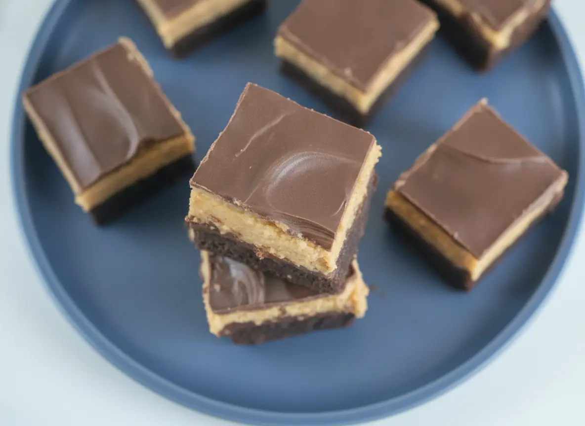 A hero shot of a stack of Four Layer Peanut Butter Brownie Bars on a clean white marble countertop. The bars have a dark brown fudgy base, a thin dark chocolate line, a thick tan peanut butter layer, and a smooth chocolate top. The scene is illuminated by soft, natural morning light from an east-facing window, creating gentle shadows. In the background, a small ceramic bowl of fresh mint and a wooden accent piece are visible but softly blurred. The presentation is tidy and minimalist.