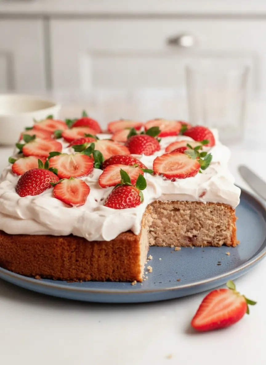 A technique-focused shot showing the process of swirling thick strawberry-flecked frosting onto the top of the cooled rectangular cake. The frosting has a soft, creamy texture with visible bits of real fruit. No hands are visible. The scene is set on a marble counter with warm wooden accents in the background.
